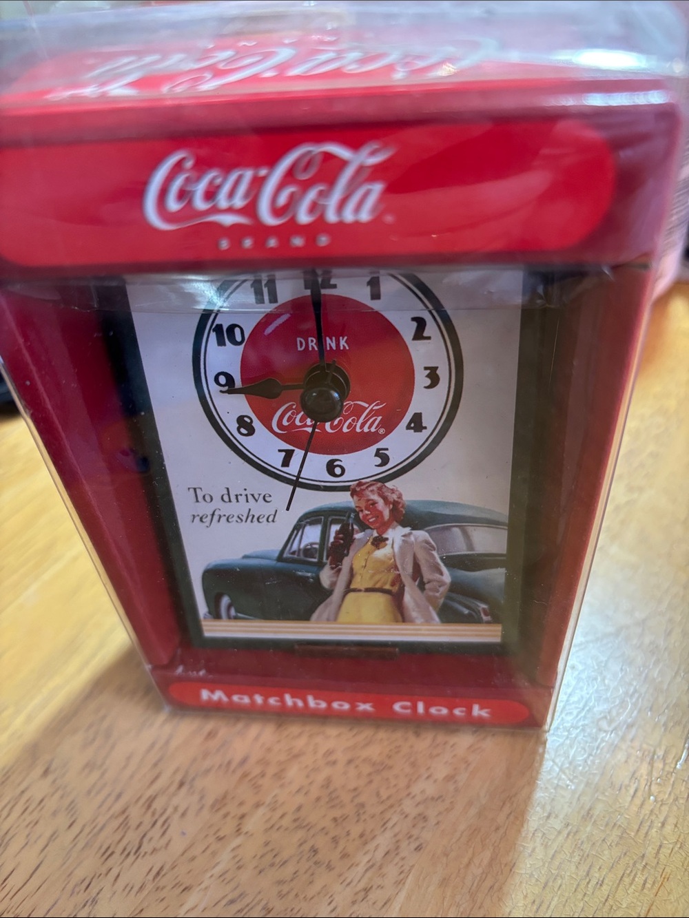 Coca Cola Red Matchbox Clock with Vintage Ad Artwork NIB Untested